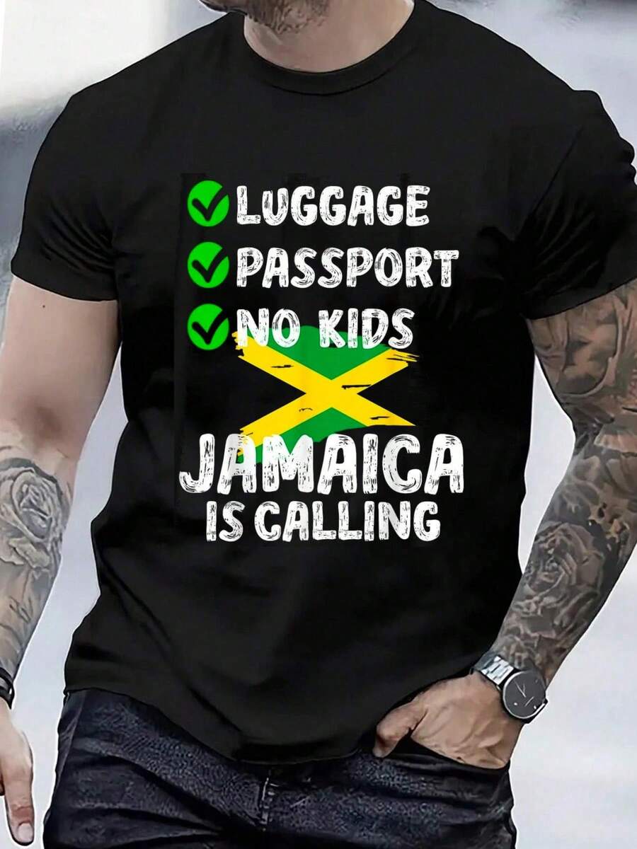 100% Cotton Luggage Passport No Kids Jamaica Is Calling Jamaica Lover T-Shirt Women's Men's Black Vacation Crew Neck Short Sleeve Classic Fit Unisex Holiday T-Shirt - 黑色 - 查看 1