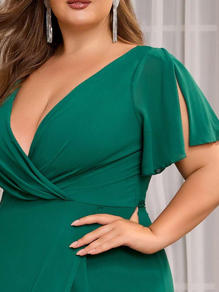 Women Plus Size Elegant Solid Color Elegant Criss-Cross High Slit Thigh-High Fashion Cocktail Party Dress For Wedding Guest, Formal, Homecoming, Back To School, Prom, Spring/Summer/Autumn - Dark Green - View 7