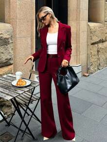 Zalla Blazer And Palazzo Pants Set With Lining And Decorative Button - Burdeos - Ver 4