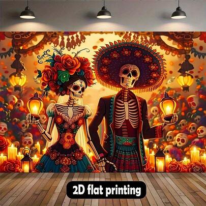 2D flacher Hintergrund für den Mexikanischen Tag der Toten Party, lebendiges Skelett-Paar mit Blumenkleid und Laternen, Polyurethan-Stoff Wanddekoration, geeignet für Geburtstage, Hochzeiten und kulturelle Veranstaltungen