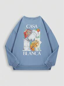 Áo nỉ trễ vai cho nam, áo cotton, áo nỉ họa tiết nghệ thuật, áo nỉ denim cổ tròn dáng rộng màu xanh dương phù hợp cho mọi mùa. - Xanh denim - Xem 2