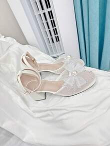 Romantic Breathable Mesh Rhinestone Bowknot Heels Suitable For Teens, Weddings, Birthdays, Parties, All Seasons - White - View 5