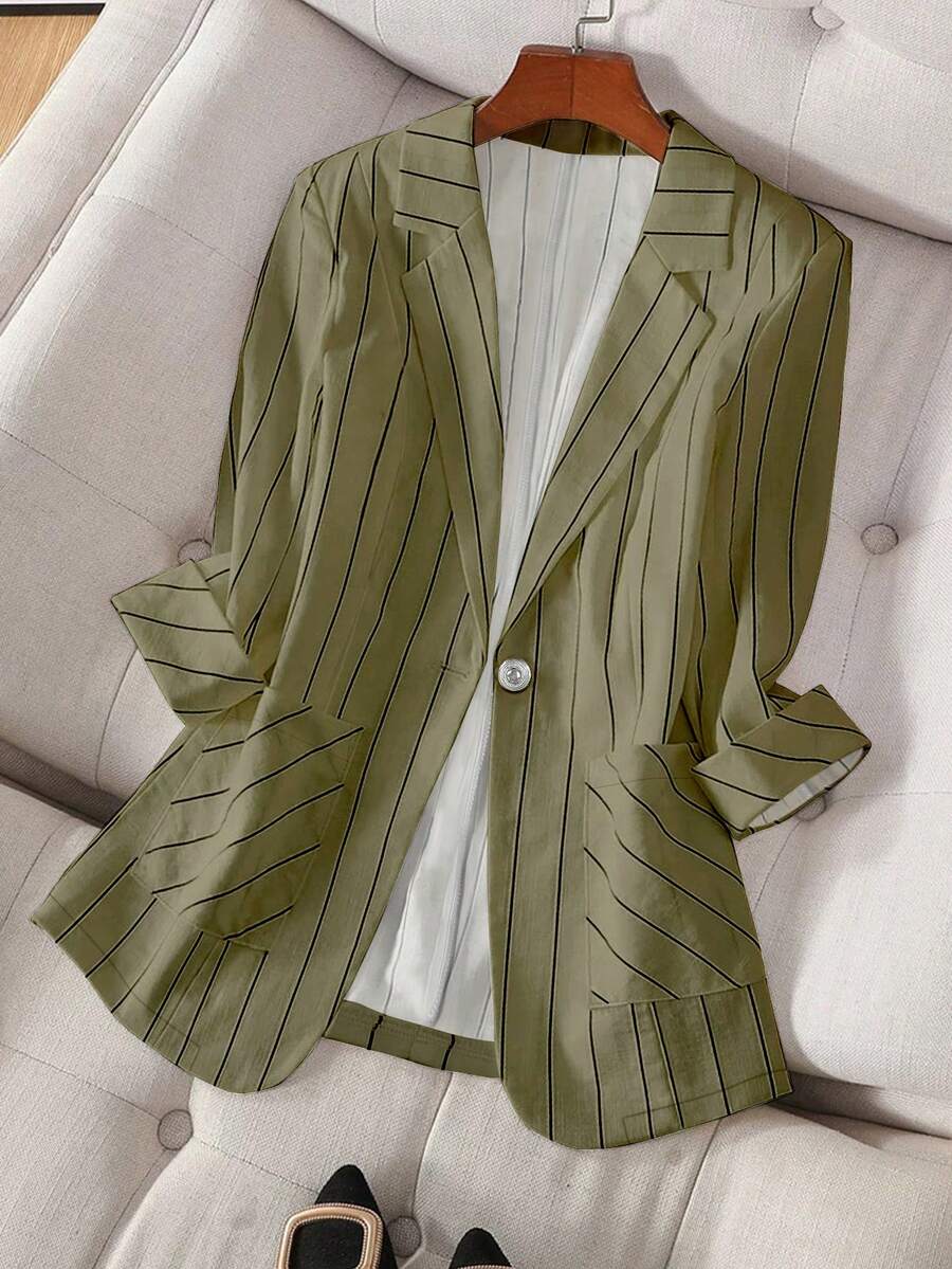 女式休闲条纹单扣七分袖西装外套，春夏 - 軍綠色 - 查看 1