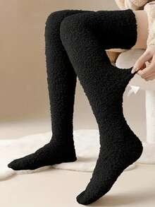 3双装女士高级过膝袜 - 柔软珊瑚绒，厚实保暖，透气吸汗，可机洗，纯色，适合秋冬季户外活动，圣诞礼物