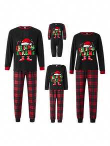 Christmas Family Pajamas Matching Set Letter Santa Hat Print Long Sleeve Tops And Plaid Pants Sleepwear - Black - View 3