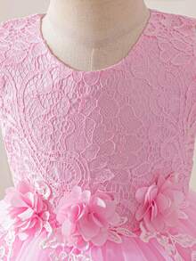 2pcs Girls Autumn Outfit: Pink Lace Patchwork Tulle Princess Dress & Jacket Set, Handmade 3D Floral Mesh Tulle Dress For Girls, Suitable For Birthday Party, Wedding, Piano Recital, Special Occasions - Pink - View 10