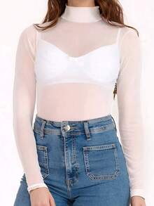 Mock Neck Tulle Blouse Long Sleeve Transparent Mesh Without Bra - White - View 2