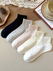 5双女士纯色和波点图案袜子，时尚可爱，柔软舒适，适合日常、运动、休闲穿着，四季皆宜，圣诞礼物佳选。 - 多色 - 查看 10