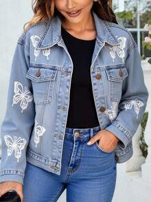 Chamarra mezclilla dama mujer mariposa estampado dia noche casual formal fiesta trendy original moderna juvenil trabajo oficina femenina sexy surprise jeans - Azul - Ver 1