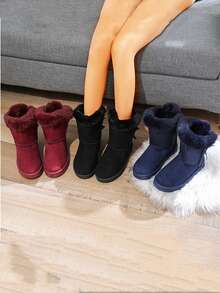 Damskie śniegowce w jednolitym kolorze z kokardką, z podszewką termiczną, ciepłe, krótkie śniegowce, modne, płaskie, miękkie, zimowe buty z puszystą podszewką, antypoślizgowe, wygodne, śniegowce w kolorze czerwonego wina, niebieskiego, czarnego, z futrzanymi butami - Burgund - Zobacz 7