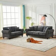 YOGLAD Modern 3+2 Seater Sofa Set With Rolled Arms, Chenille Upholstered Couch For Living Room, Apartment, Small Space, Loveseat With Soft Velvet Fabric, 3-Seater With High-Density Foam, Wooden Legs, Nailhead Trim, Gold Rivets, Curved Armrests, Comfortable Sectional Sofa For Family, Grey/Black Contemporary Furniture - 灰色 - 查看 1