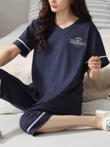 2pcs Women's Short Sleeve Top & Pants Pajama Set, Soft & Comfortable Sleepwear, Two Pieces Set Outfit - Navy Blue - View 3