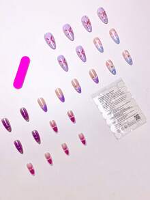 24 件/套法式杏仁形优雅 3D 海星和渐变紫色花朵设计按压式指甲，含 1 件果冻凝胶和 1 个指甲锉，浪漫甜美外观，适合日常佩戴和约会美甲用品 - 彩色 - 查看 3