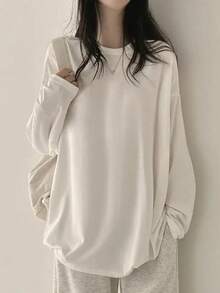 女式纯白色百搭长袖宽松休闲分层罗纹中性T恤上衣 - 白色 - 查看 3