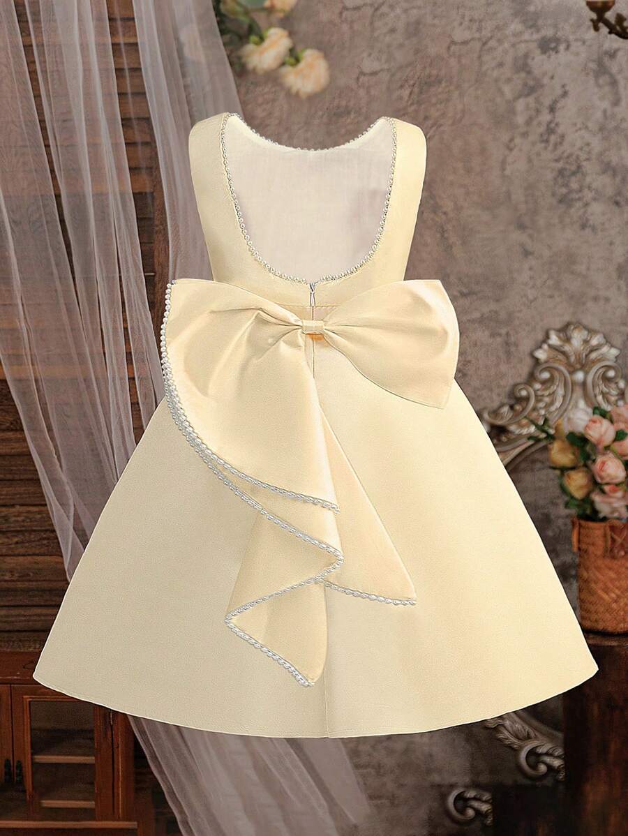 少女优雅露背大蝴蝶结婚礼派对花童礼服，时尚生日伴娘礼服，公主毕业典礼礼服，配仿珍珠 - 香檳色 - 查看 1