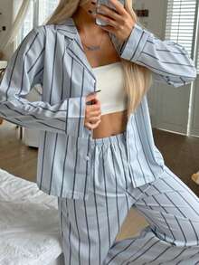 Nina Bonheur 2件套女士宽松舒适透气条纹长袖上衣和裤子家居服套装，舒适保暖，秋冬服装 - 灰色 - 查看 6