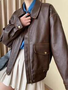 Chic Halloween Vintage Faux Leather Jacket Women Brown Cropped Collar Retro Fall Daily Outerwear - Brown - View 6