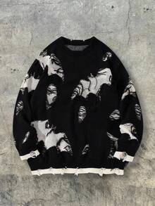 ANDREILEE 破洞流苏下摆圆领休闲宽松长袖套头毛衣，男女皆宜的街头时尚款，适合春、秋、冬三季穿着。 - 黑色 - 查看 1