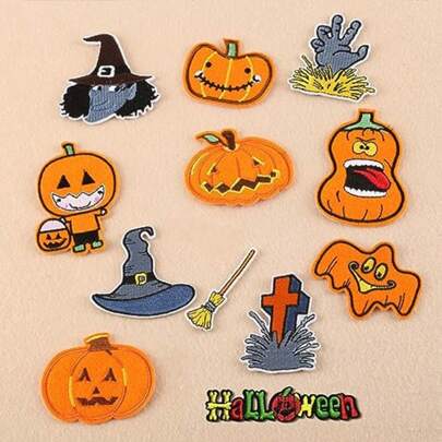 12pcs Halloween Iron-On Patch Set - Spooky Pumpkin/Ghost/Embroidery Appliques For Clothing & Bag DIY, Sew-On Costume Accessories, Halloween Craft Party Supplies