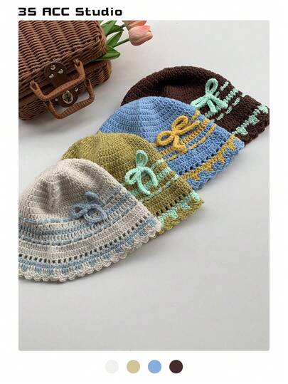 1 件女士镂空拼色可爱渔夫帽，轻便透气休闲百搭防晒帽，春夏