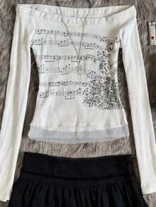 Women T-Shirt Long Sleeve Boat Neck Music Note Print Patchwork Slim Fit Ladies Tops Streetwear