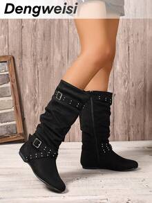 Black Multi-Strap Rivet Punk Pleated Soft Flat Round Toe Versatile Commute Daily Office Casual Holiday Music Festival Fashion Mid-Calf Boots For Women - Black - View 5