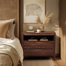 Drawer Cabinet, Side Table, Bedside Table, Storage Table, Brown P2 Density Board + Solid Wood Veneer Frame 75*40*61CM Two Drawers With Upper Compartment Bedside Table Mid-Century Modern - 棕色 - 查看 6