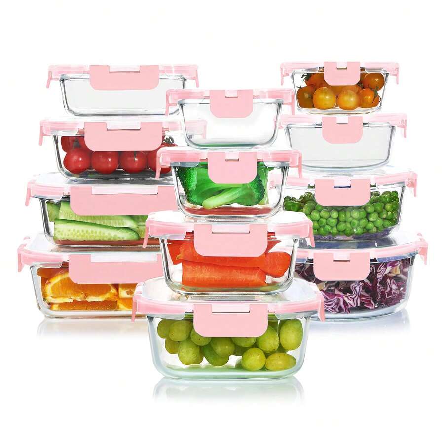 SIDIANBAN 12-Pack Glass Storage Containers With Lids, Glass Meal Prep Containers Set, Airtight Lunch Containers With Lids, Microwave, Oven, Freezer And Dishwasher - Pink - View 1