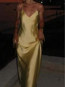 Seelio Summer New Arrival Women's Fashionable Sexy V-Neck Satin Slip Backless Midi Dress - Yellow - View 4