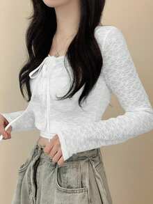 2026春秋新款系带休闲女式纹理长袖纽扣开衫 - 白色 - 查看 5