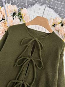 [Áo] Áo khoác cardigan tay dài xoắn phía trước màu trơn, tối giản, trang phục công sở, cổ điển, đơn giản, phong cách Pháp, áo khoác cardigan dệt kim màu trơn buộc eo phía trước cho nữ, có thể mặc ngoài áo cánh, áo khoác cardigan cỡ lớn dễ thương - Xanh lá cây 1 - Xem 4