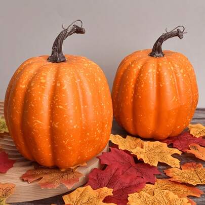 2/22pcs Autumn Artificial Foam Pumpkin & Maple Leaf Set, 7.8in Halloween Carving + Thanksgiving Tabletop Decor, Wedding, Holiday Gift, Home Decoration, Waterproof & Fade-Resistant Indoor/Outdoor Scenery Arrangement