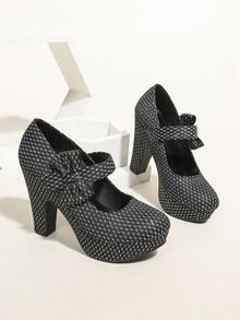 Zapatos de tacón alto con moño negro, bombas de plataforma gruesa impermeables, zapatos de novia - Negro - Ver 7