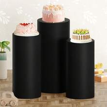 Set de 3 cubos de postre negros, base cilíndrica, tapa y soporte cilíndrico para decoración de fiestas, bodas o cumpleaños - Solo se incluye el mantel cilíndrico