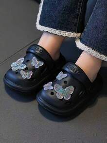 HAHABOBO 1 Pair Kids Cute Black EVA Clogs, Adjustable Heel Strap Anti-Slip Sandals, With 3D Shiny Butterfly Decoration, Breathable Summer Beach Pool Shoes, Girls Style - Black - View 5