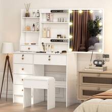 80cm White LED Vanity Set, Color Dimmable Mirror & Cushioned Stool, Multi-Drawer Makeup Table, White Dressing Table With Sliding Mirror & Shelves For Bedroom, Girls Cosmetic Organizer - trắng - Xem 6