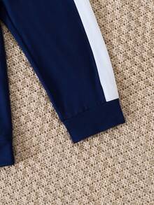 2pcs Baby Boy Casual Colorblock Long Sleeve Sweatshirt And Faux Drawstring Pants Set, Autumn