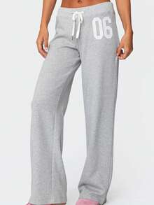 Women Y2K Number Printed Sweatpants Drawstring Elastic High Waist Straight Leg Baggy Pants Loose Workout Joggers Casul Trousers - 灰色 - 查看 3