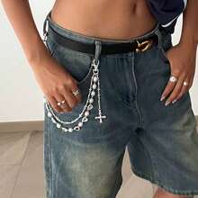 1 Pieceins Hip Hop Jeans Decorative Pants Chain Beaded Cross Imitation Pearl Punk Waist Chain For Women, Suitable For Various Festivals, Parties, And Casual Occasions In Summer, School - MY02 Vàng 1742 - Xem 3