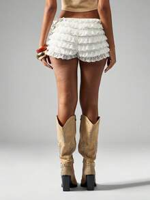Women's Tiered Ruffled Shorts Summer Fashionable Solid Color Elastic Low Waist Lace Shorts - 白色 - 查看 6