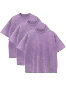 3 Pack Men's Vintage Washed Oversized Cotton T Shirts Loose Fit Short Sleeve Casual Streetwear Unisex Tops - 3件紫色 - 查看 1