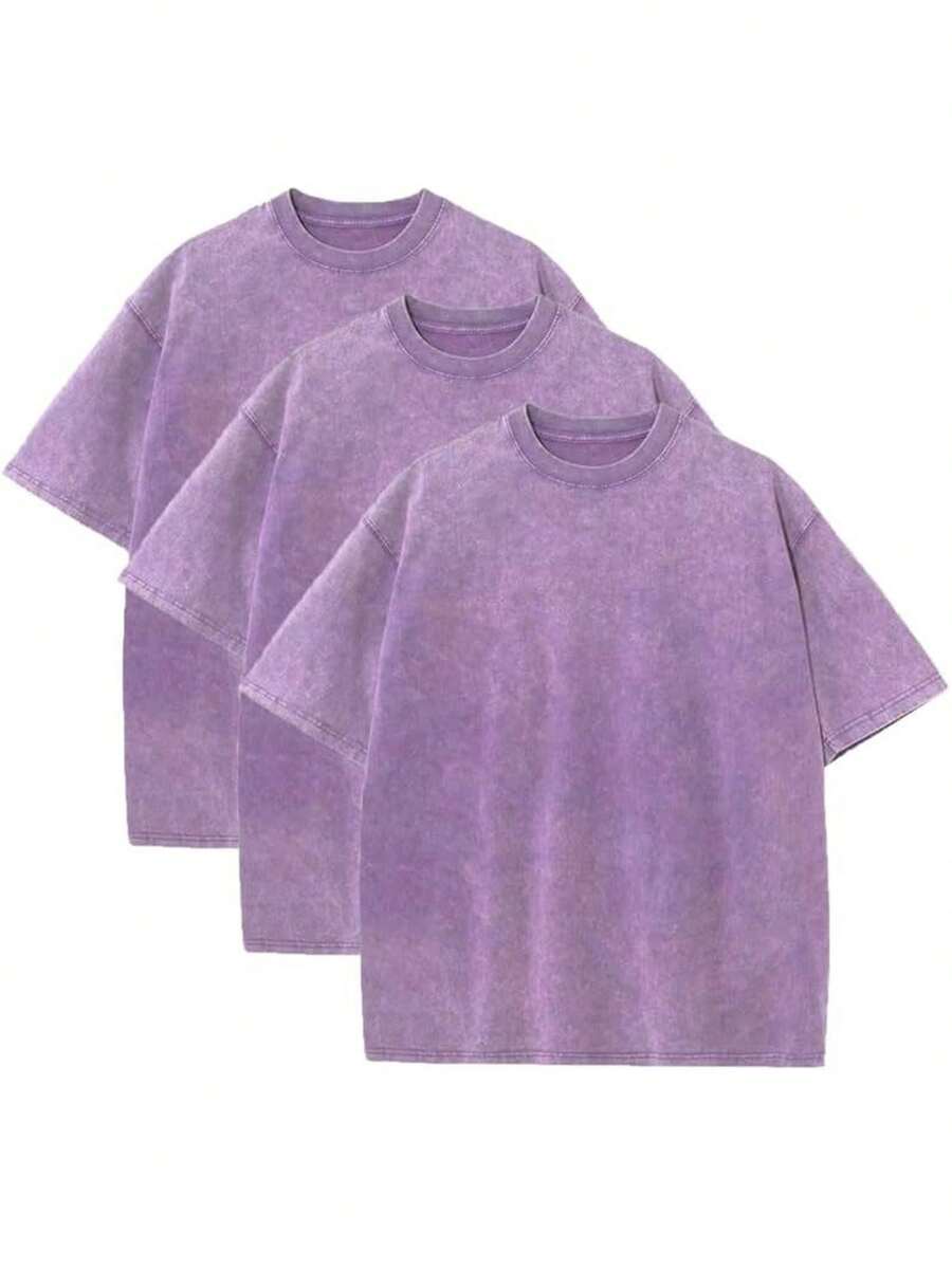 3 Pack Men's Vintage Washed Oversized Cotton T Shirts Loose Fit Short Sleeve Casual Streetwear Unisex Tops - 3件紫色 - 查看 1