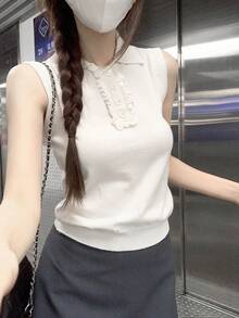 复古风格 Polo 领无袖针织上衣，时尚修身背心 - 白色 - 查看 5