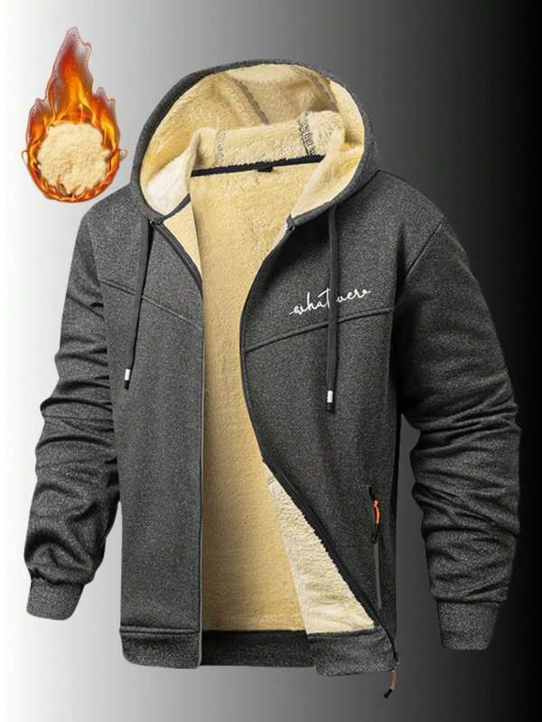 1pc Men's Thermal Lined Thick Hoodie Casual Zip-Up Jacket, Fall/Winter