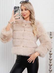 Elegant Women's Faux Fur Coat Khaki Color Regular Sleeve Round Neck Wrist Length Contrast Faux Fur Design Warm Lined For Winter Christmas And New Year - Khaki - View 5