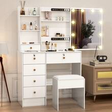 80cm White LED Vanity Set, Color Dimmable Mirror & Cushioned Stool, Multi-Drawer Makeup Table, White Dressing Table With Sliding Mirror & Shelves For Bedroom, Girls Cosmetic Organizer - trắng - Xem 4