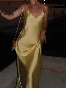 Seelio Summer New Arrival Women's Fashionable Sexy V-Neck Satin Slip Backless Midi Dress - Yellow - View 6