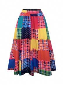 Plus-Size-Holiday Chic Bohemian Plaid Print Patchwork Elastic Waist Waist Side Pocket Half Skirt. - Pink - View 8