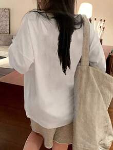 女式纯白色百搭长袖宽松休闲分层罗纹中性T恤上衣 - 白色 - 查看 5