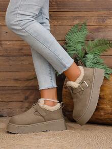 2025秋冬新款厚底坡跟中筒雪地靴女款，毛皮靴 - 卡其色 - 查看 4